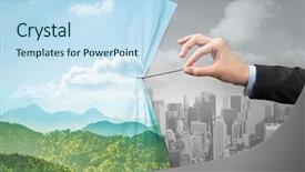  Presentation with curtain co 27 v18 01 trial - Amazing theme having space pollution - hand pulling nature cityscape curtain backdrop and a  colored foreground