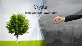  Presentation with environmental pollution - Cool new presentation theme with space pollution - hand pulling nature cityscape curtain backdrop and a  colored foreground