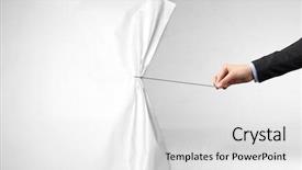  Presentation with curtain - Theme with space pollution - hand pulling white paper curtain background and a white colored foreground