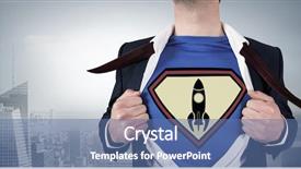  Presentation with superhero - Slide deck having space travel - businessman opening shirt in superhero background and a  colored foreground