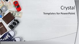  Presentation with accessories - Cool new slide deck with space travel - traveller's accessories on wooden background backdrop and a white colored foreground