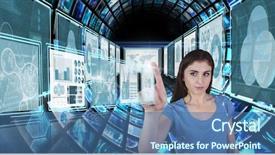  Presentation with technology and environement - Beautiful presentation theme featuring space vortex - businesswoman touching and interacting backdrop and a ocean colored foreground