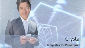  Presentation with retinal prosthetics interface - Colorful slide set enhanced with space vortex - smiling businessman texting against interface backdrop and a light blue colored foreground