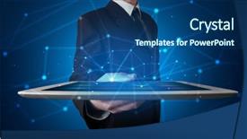  Presentation with virtual hand - Theme consisting of space with virtual connection network background and a  colored foreground