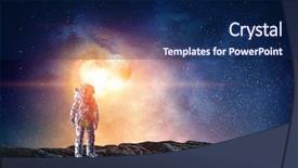  Presentation with moon landing - PPT theme having spaceman landing planet mixed media background and a navy blue colored foreground