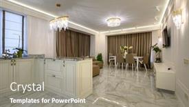  Presentation with complete - PPT theme having spacious-classic-kitchen-in-creamy background and a gray colored foreground