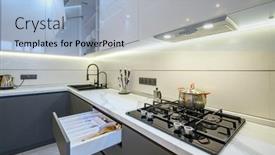  Presentation with kitchen furniture - PPT theme with spacious-luxury-white-and-dark background and a light blue colored foreground