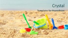  Presentation with sand - Theme with spade - children's beach toys on sand background and a sky blue colored foreground