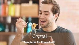  Presentation with pasta - Colorful PPT theme enhanced with spaghetti - handsome man eating pasta backdrop and a coral colored foreground
