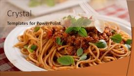  Presentation with spaghetti - Slide set with spaghetti alla bolognese with basil and parmesan cheese background and a coral colored foreground