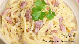  Presentation with spaghetti - Presentation theme consisting of spaghetti alla carbonara with parmesan cheese and freshly ground pepper background and a lemonade colored foreground