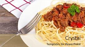  Presentation with wood rustic - PPT theme enhanced with spaghetti bolognese dinner on rustic wood table with red and white tablecloth with the stem of a wine glass just showing in the background background and a blonde colored foreground