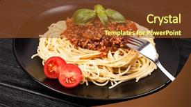  Presentation with spaghetti - PPT layouts consisting of spaghetti bolognese on dark background background and a tawny brown colored foreground