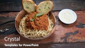  Presentation with rustic healthy - PPT theme enhanced with spaghetti bolognese pasta with tomato sauce and minced meat grated parmesan cheese and fresh basil homemade healthy italian pasta with toasted garlic bread on rustic wooden background background and a tawny brown colored foreground