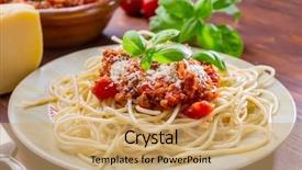  Presentation with spaghetti - Presentation theme with spaghetti bolognese with parmesan cheese background and a coral colored foreground