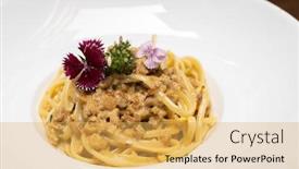  Presentation with food industry - PPT theme having spaghetti-cabonara-pasta-meat-sauce background and a yellow colored foreground