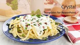  Presentation with kitchen utensils - PPT layouts enhanced with spaghetti carbonara meal surrounded by ingredients and kitchen utensils background and a coral colored foreground