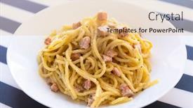  Presentation with spaghetti - Presentation design with spaghetti-carbonara-on-a-plate background and a coral colored foreground