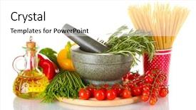  Presentation with mortar - Colorful PPT theme enhanced with spaghetti in cup rosemary in mortar jar of oil and vegetables on wooden board isolated on white backdrop and a white colored foreground