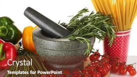  Presentation with mortar - Presentation design having spaghetti-in-cup-rosemary background and a tawny brown colored foreground