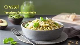  Presentation with pasta sauce - Presentation design featuring spaghetti pasta with avocado basil background and a tawny brown colored foreground