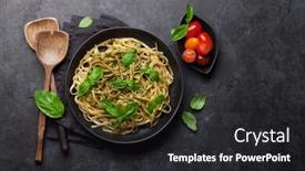  Presentation with pasta sauce - Audience pleasing slide set consisting of spaghetti pasta with pesto sauce parmesan cheese and fresh basil top view with copy space for your text backdrop and a dark gray colored foreground