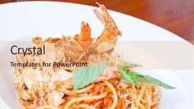  Presentation with almond - Amazing PPT theme having spaghetti with almond shrimp meal cuisine selective focus at shrimp backdrop and a coral colored foreground