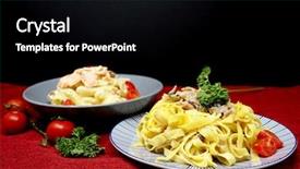  Presentation with classic homemade tomato sauce - PPT theme having spaghetti with aubergine and tomato background and a black colored foreground