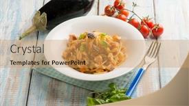  Presentation with eggplant - Slide set having spaghetti-with-fresh-salmon-tomatoes background and a yellow colored foreground