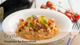  Presentation with eggplant - Presentation consisting of spaghetti-with-fresh-salmon-tomatoes background and a gold colored foreground