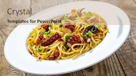  Presentation with octopus - Beautiful PPT layouts featuring spaghetti-with-fried-octopus backdrop and a coral colored foreground