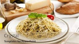  Presentation with spaghetti - Cool new PPT layouts with spaghetti-with-genovese-pesto-sauce backdrop and a coral colored foreground