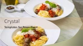  Presentation with spaghetti - Theme consisting of spaghetti-with-meat-balls background and a coral colored foreground