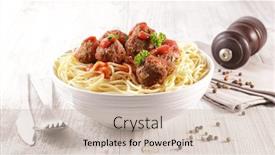  Presentation with meatball - Audience pleasing PPT layouts consisting of spaghetti-with-meatball-and-tomato backdrop and a soft green colored foreground