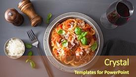  Presentation with pasta sauce - PPT layouts having spaghetti with meatballs and tomato background and a red colored foreground