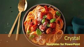  Presentation with spaghetti - Presentation design enhanced with spaghetti-with-meatballs-and-tomato background and a tawny brown colored foreground