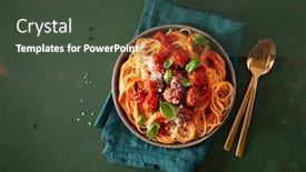  Presentation with pasta sauce - Amazing presentation theme having spaghetti-with-meatballs-and-tomato backdrop and a dark gray colored foreground