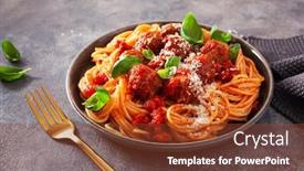  Presentation with pasta sauce - Presentation design having spaghetti-with-meatballs-and-tomato background and a tawny brown colored foreground
