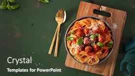  Presentation with pasta sauce - Presentation theme with spaghetti-with-meatballs-and-tomato background and a tawny brown colored foreground