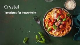 Presentation with pasta - Beautiful presentation design featuring spaghetti-with-meatballs-and-tomato backdrop and a dark gray colored foreground