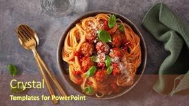  Presentation with pasta sauce - Audience pleasing PPT theme consisting of spaghetti-with-meatballs-and-tomato backdrop and a tawny brown colored foreground