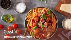  Presentation with pasta - Audience pleasing presentation design consisting of spaghetti-with-meatballs-and-tomato backdrop and a tawny brown colored foreground