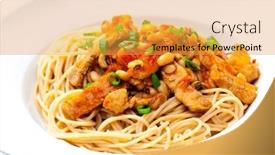  Presentation with poultry meat - PPT theme featuring spaghetti-with-poultry-meat-tomato background and a yellow colored foreground