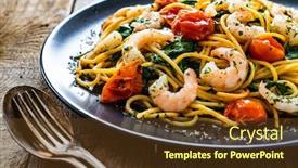  Presentation with spaghetti - Cool new PPT theme with spaghetti-with-prawns-and-vegetables backdrop and a tawny brown colored foreground