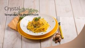  Presentation with saffron - Slide deck with spaghetti with saffron and almond background and a lemonade colored foreground