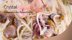  Presentation with spaghetti - Theme consisting of spaghetti with seafood and mushrooms on white plate background and a coral colored foreground