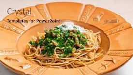  Presentation with spinach - PPT layouts having spaghetti-with-spinach-leaves-bacon background and a yellow colored foreground