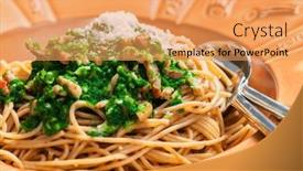  Presentation with spinach - Presentation design with spaghetti-with-spinach-leaves-bacon background and a yellow colored foreground