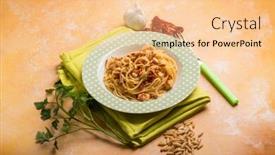  Presentation with nut - Amazing PPT theme having spaghetti with swordfish ragout pine nut and dried tomatoes backdrop and a lemonade colored foreground