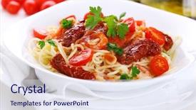  Presentation with dried tomato - PPT theme having spaghetti with tomato sauce sun dried tomato and shrimps on white plate background and a sky blue colored foreground